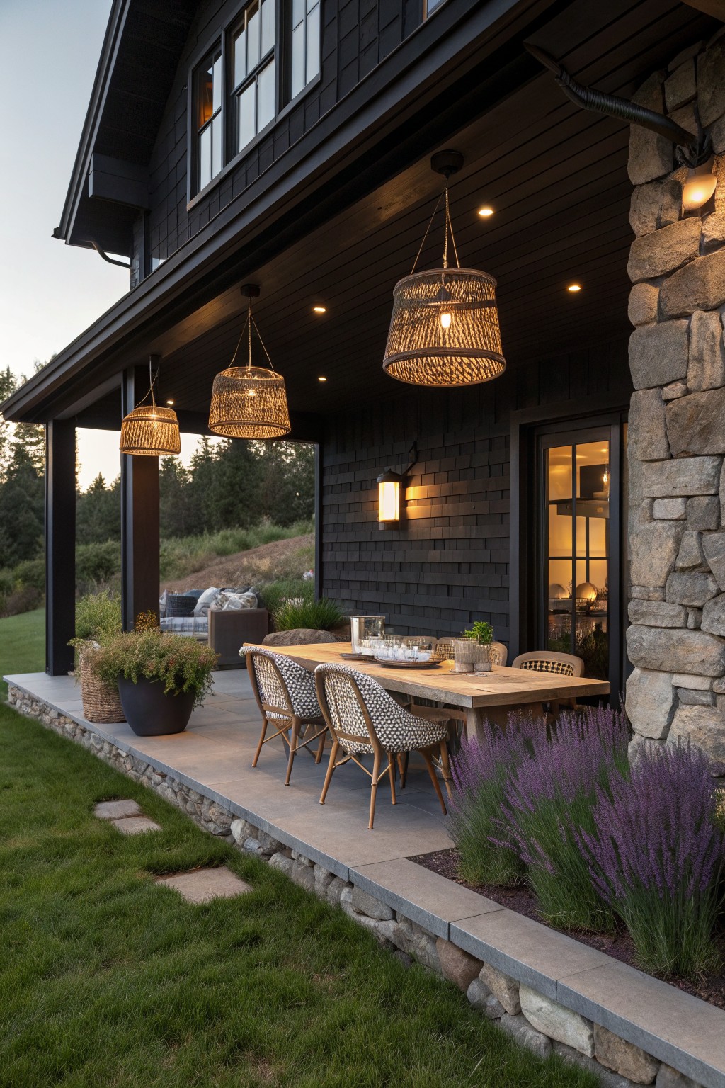 A covered stone and wood patio attached to a black house shows a long wooden dining table with woven chairs beneath several hanging woven pendant lights at dusk.