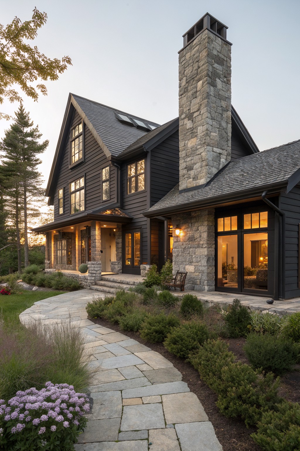A two-story house with dark siding, a tall stone chimney, stone accents at the base, and a curving stone pathway through landscaped beds.