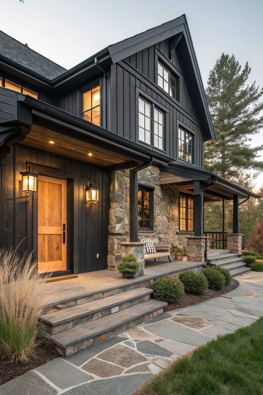 Modern black house with stone accents, wooden door, lit porch, and stone pathway.