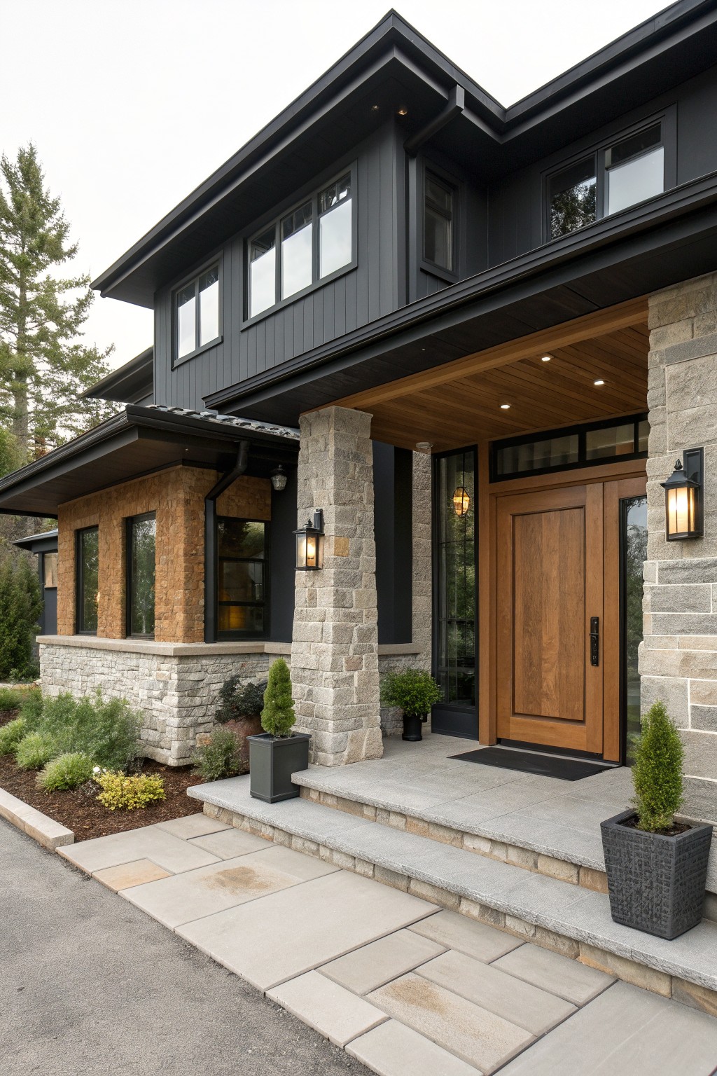 Modern dark gray house with stone pillars, wooden door, porch steps, and potted plants
