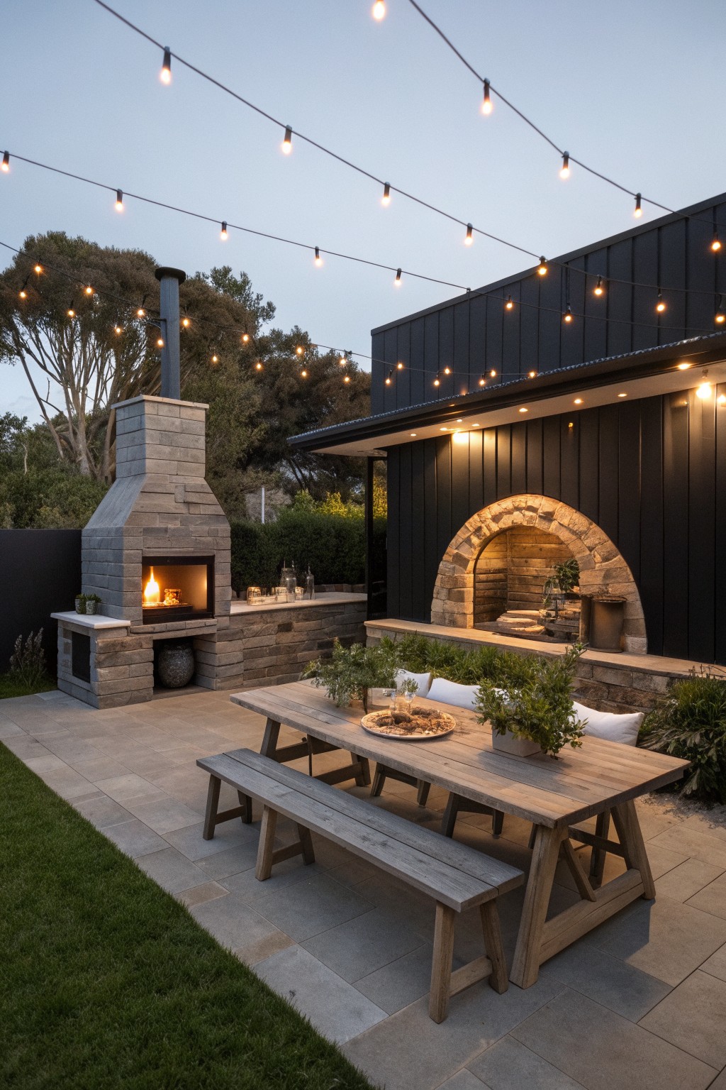 A wooden outdoor dining table on a stone patio in front of a black house wall with a large arched stone oven and a separate stone fireplace chimney, strung with lights at dusk.
