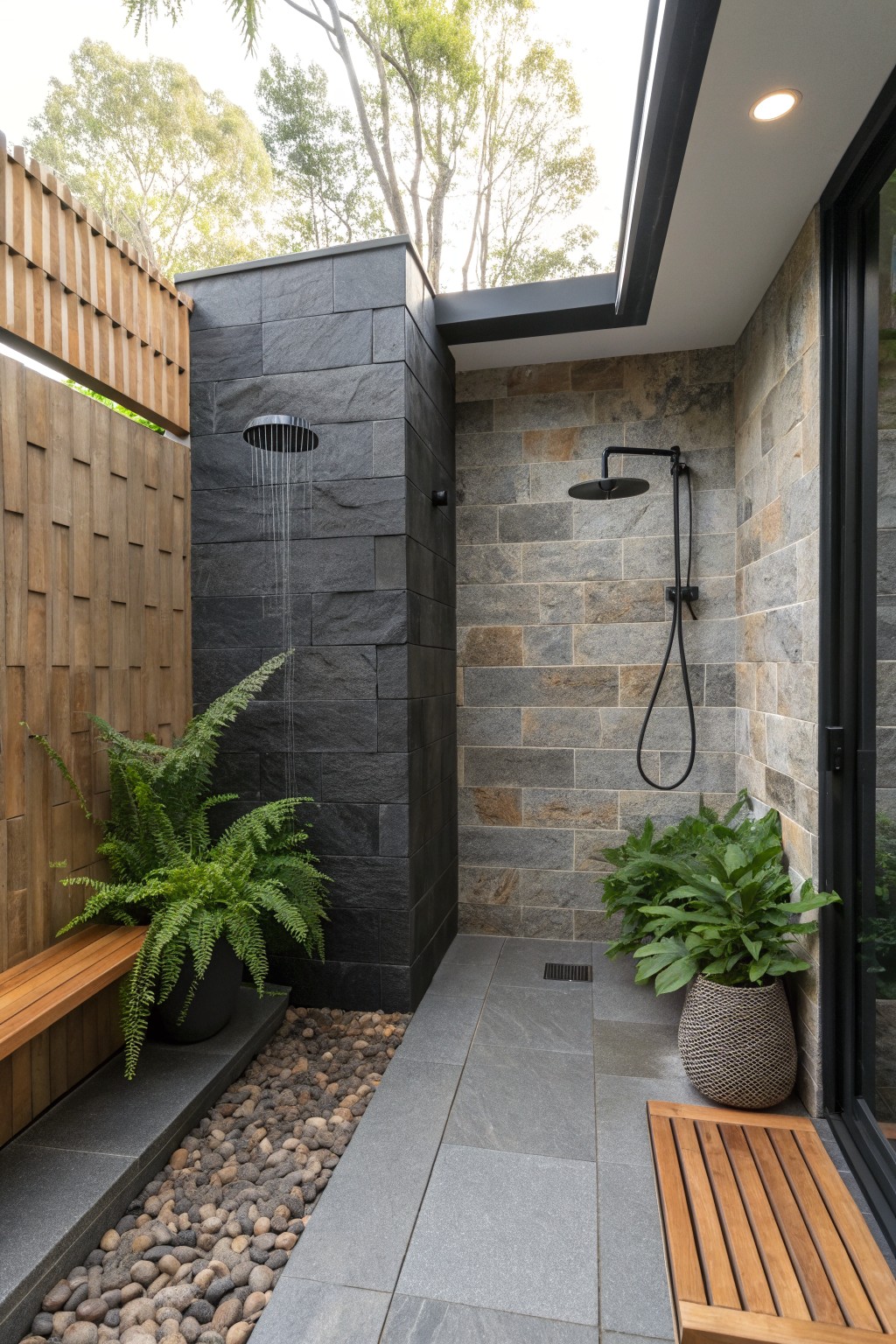 An outdoor shower nook enclosed by dark stone on one side and mixed gray-brown stone on the other, with black shower fixtures, wooden benches, potted ferns, and pebble ground cover.