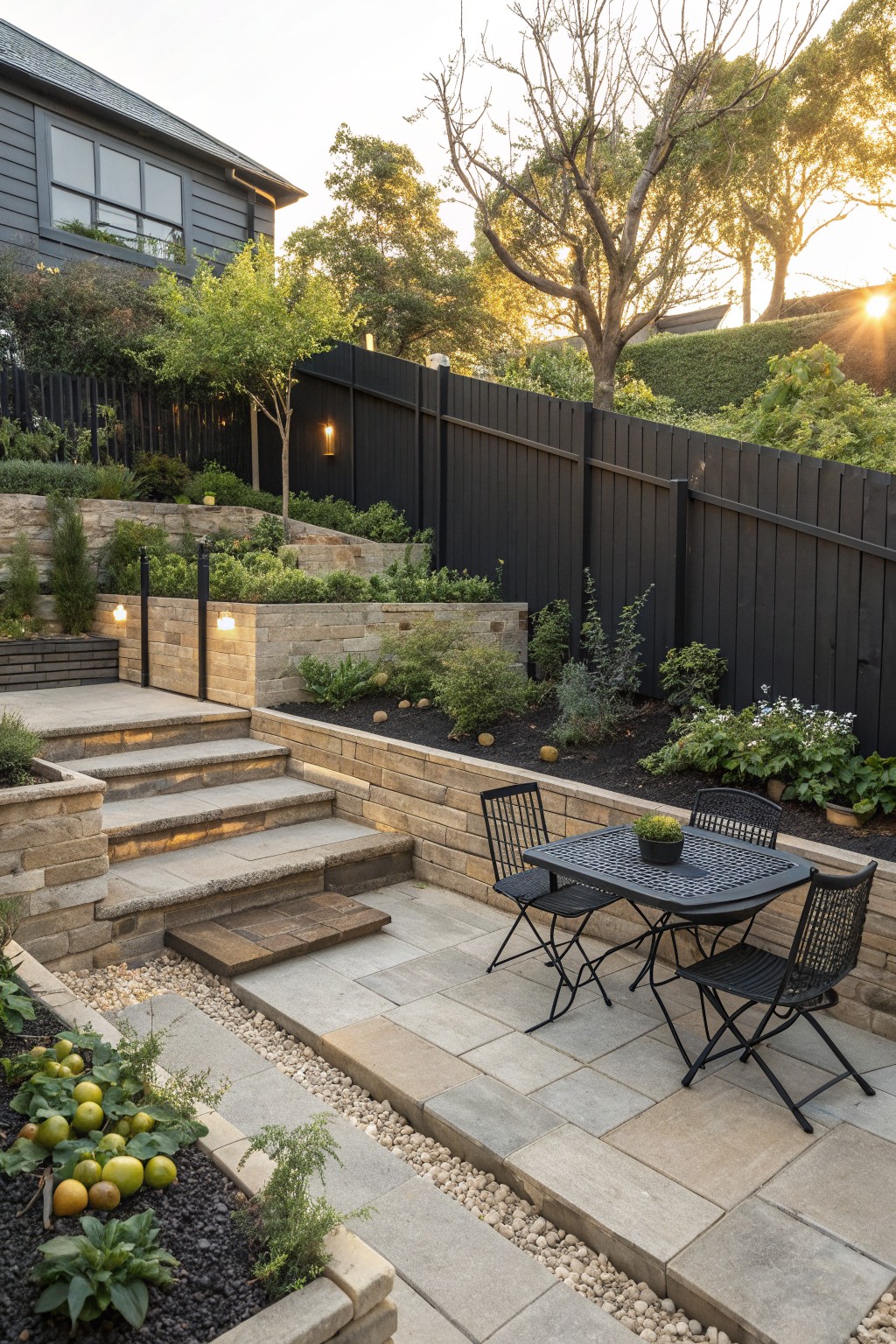 Stone patio with black metal table, chairs, retaining walls, steps and garden beds