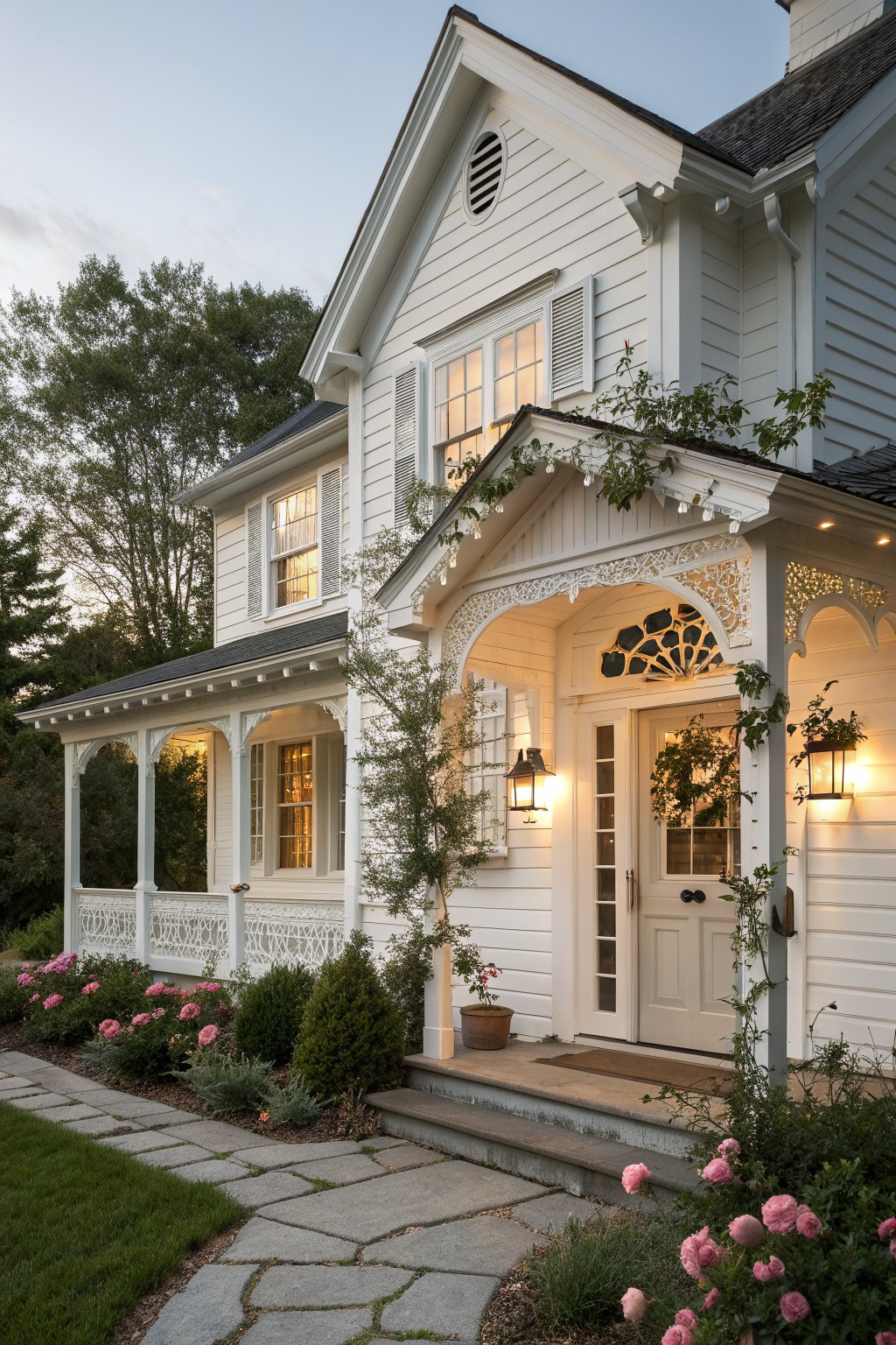 White Victorian house with glowing porch, pink roses, stone path at dusk