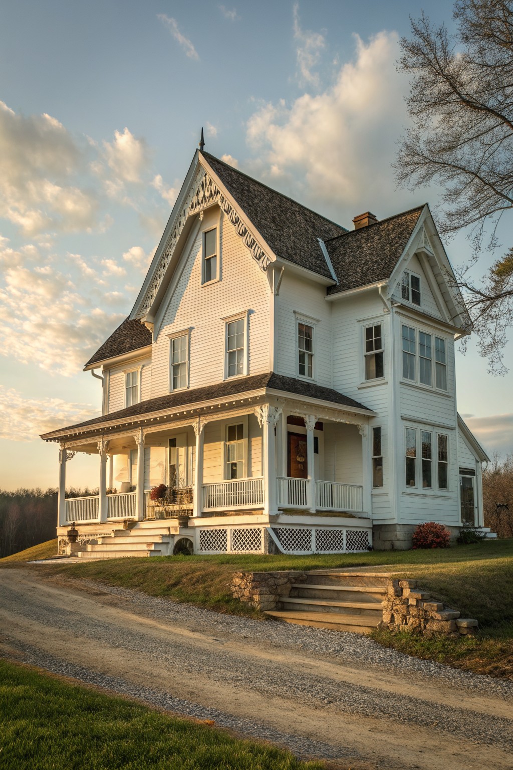 White Victorian house with wraparound porch on grassy hill by gravel road