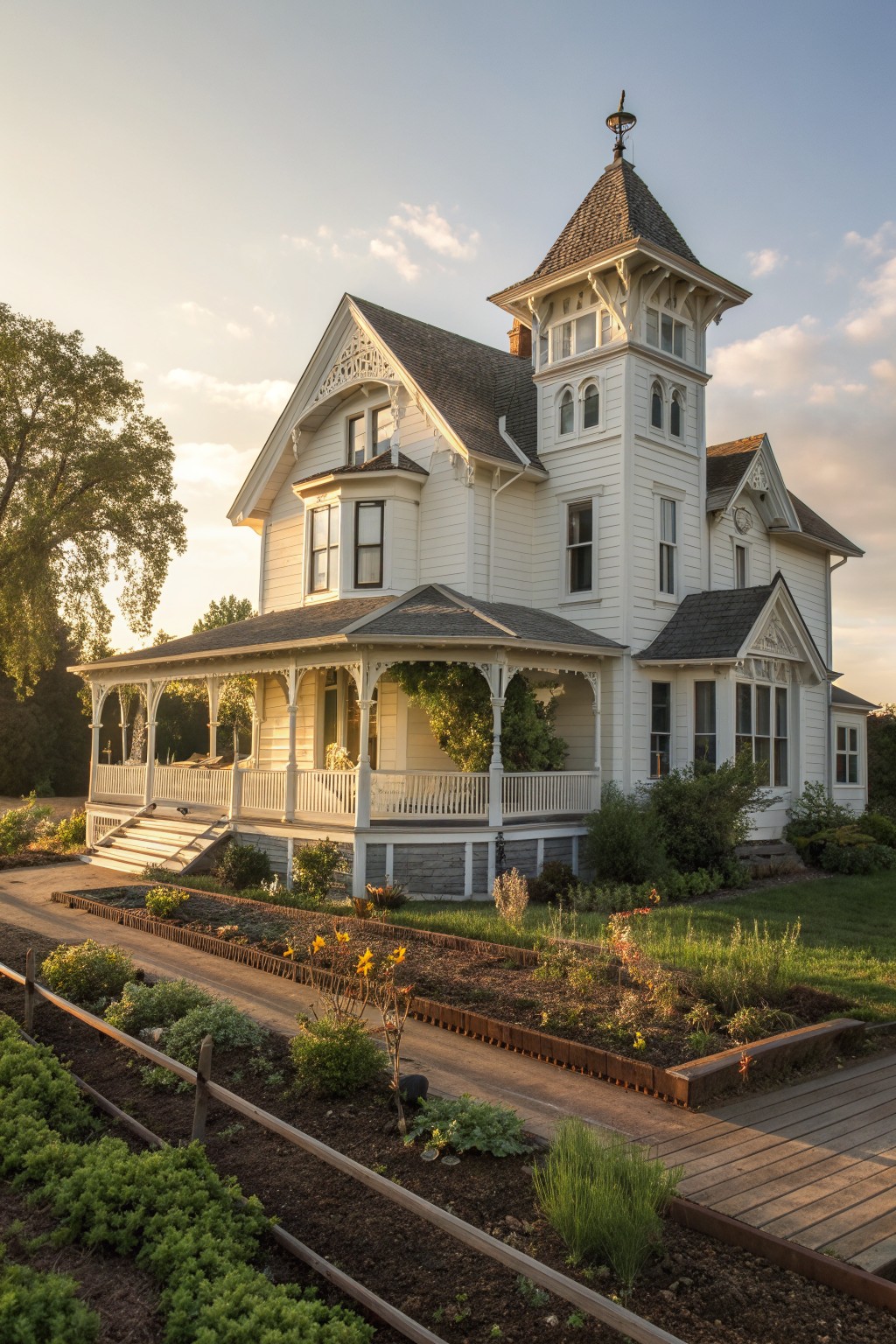 Ornate white Victorian house with turret and wraparound porch amid lush flower garden