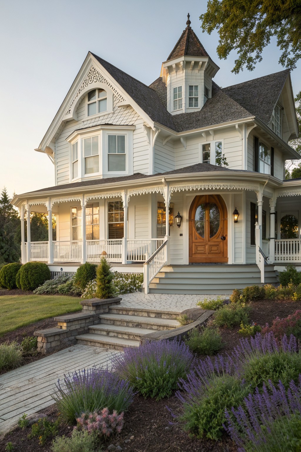 A white Victorian farmhouse exterior with ornate decorative trim on the gables and porch, a wraparound porch with wooden double doors, a turret, and landscaped gardens with purple flowers in the foreground.