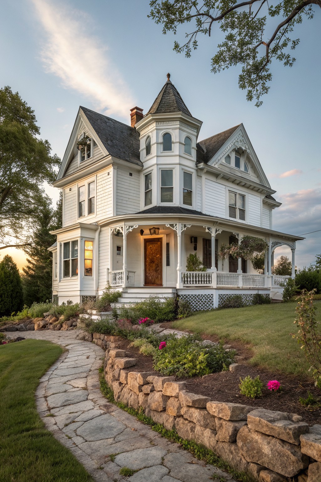 A white Victorian farmhouse with a turret, wraparound porch, ornate trim details, and a stone retaining wall beside a stone path.