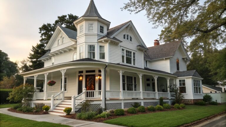 18 Classic White Victorian Farmhouse Exteriors That Highlight Decorative Trim White Victorian house with turret, wraparound porch, flower gardens, and brick path.