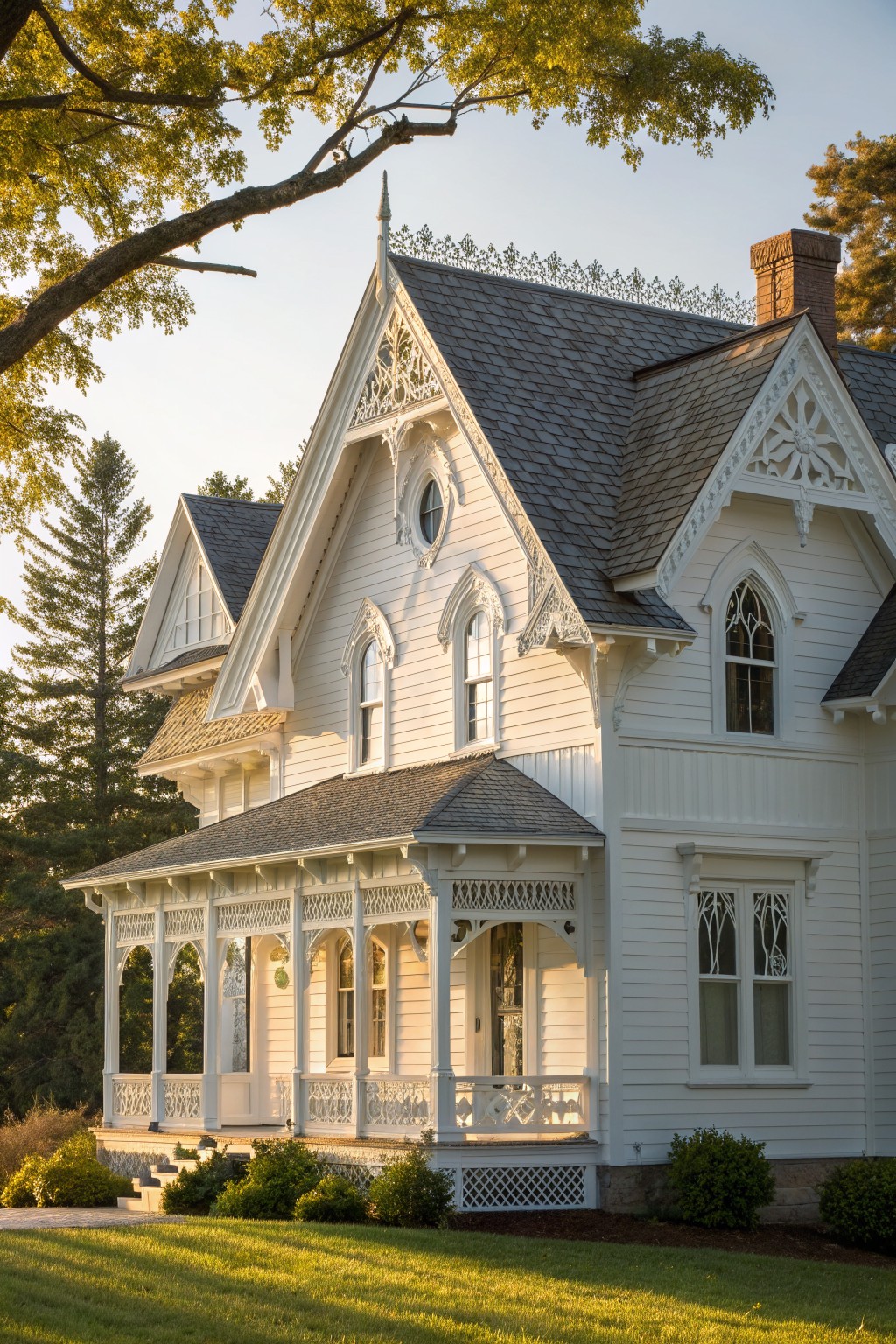 Ornate white Victorian house with steep gables, intricate trim, and wraparound porch.