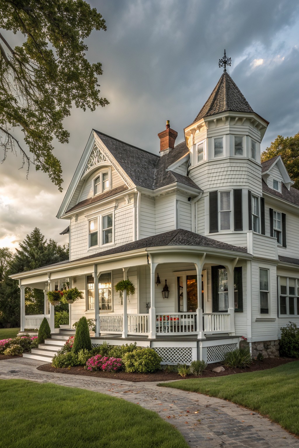 White Victorian house with turret, wraparound porch, flower gardens, and brick path.
