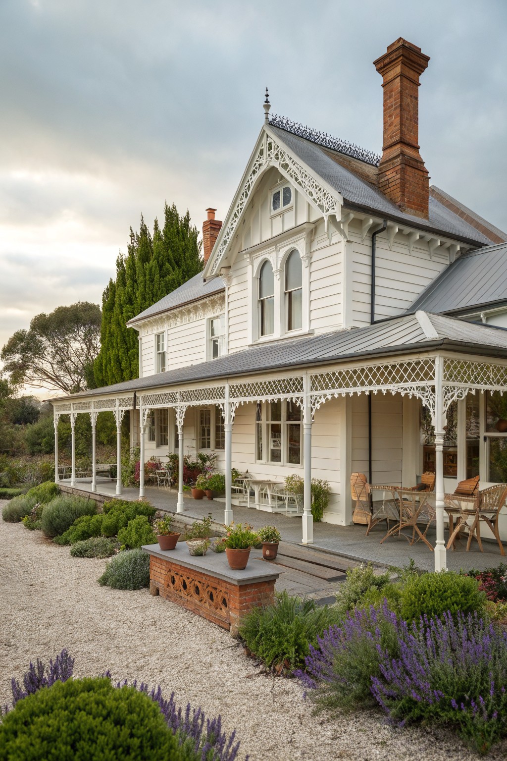 White Victorian house with ornate veranda, chimney, and garden of potted plants and purple flowers
