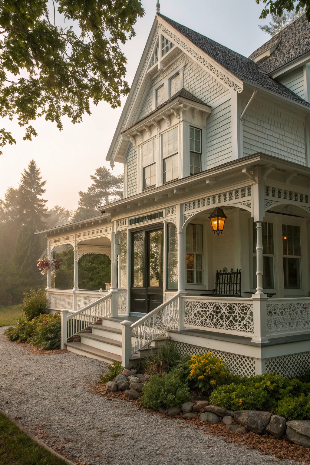 A white Victorian farmhouse with extensive decorative trim on the porch railings, gables, and eaves, shown from the front with steps and garden beds in the foreground.