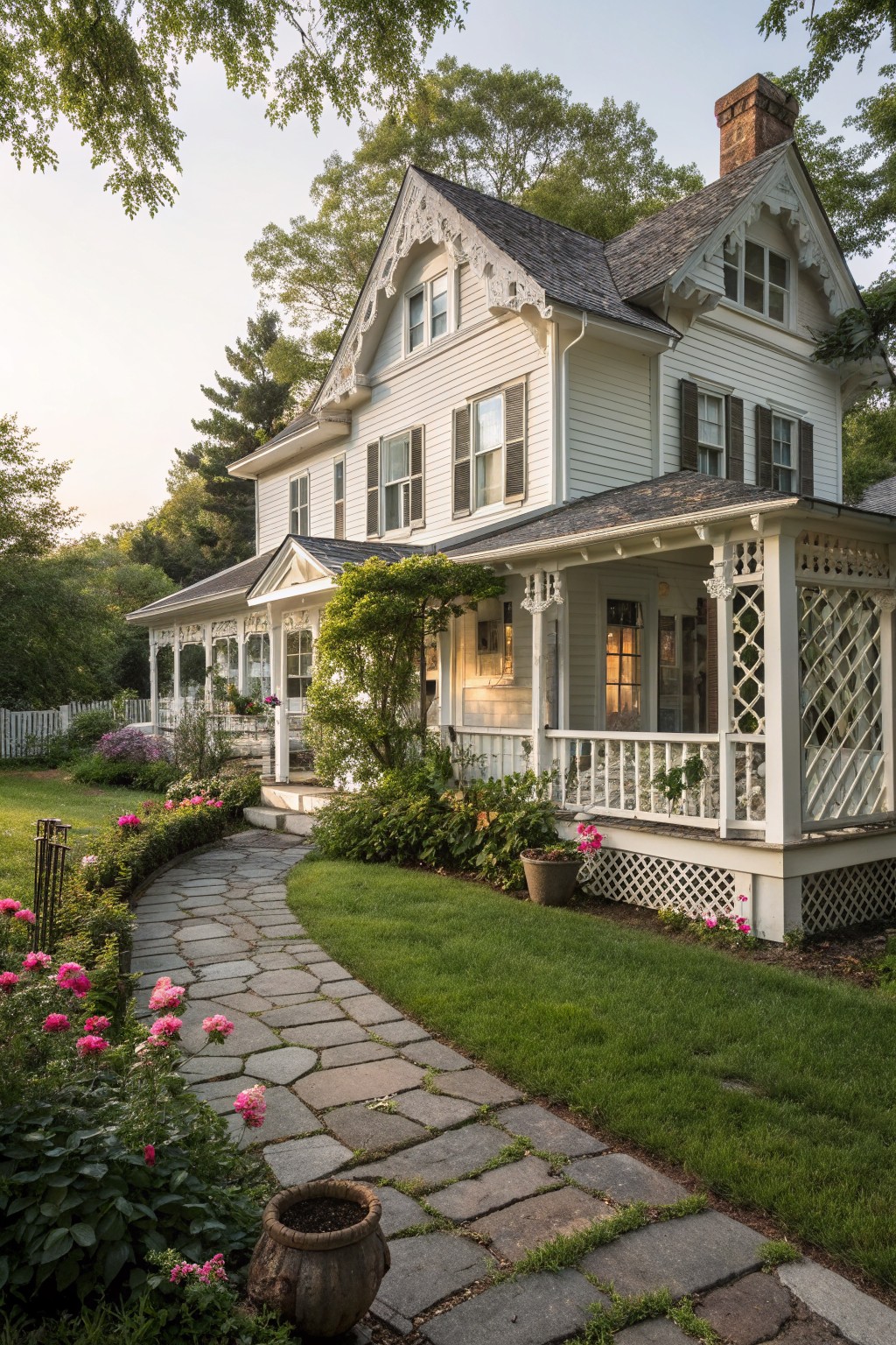 Charming white Victorian house with ornate porch and flower-lined stone pathway