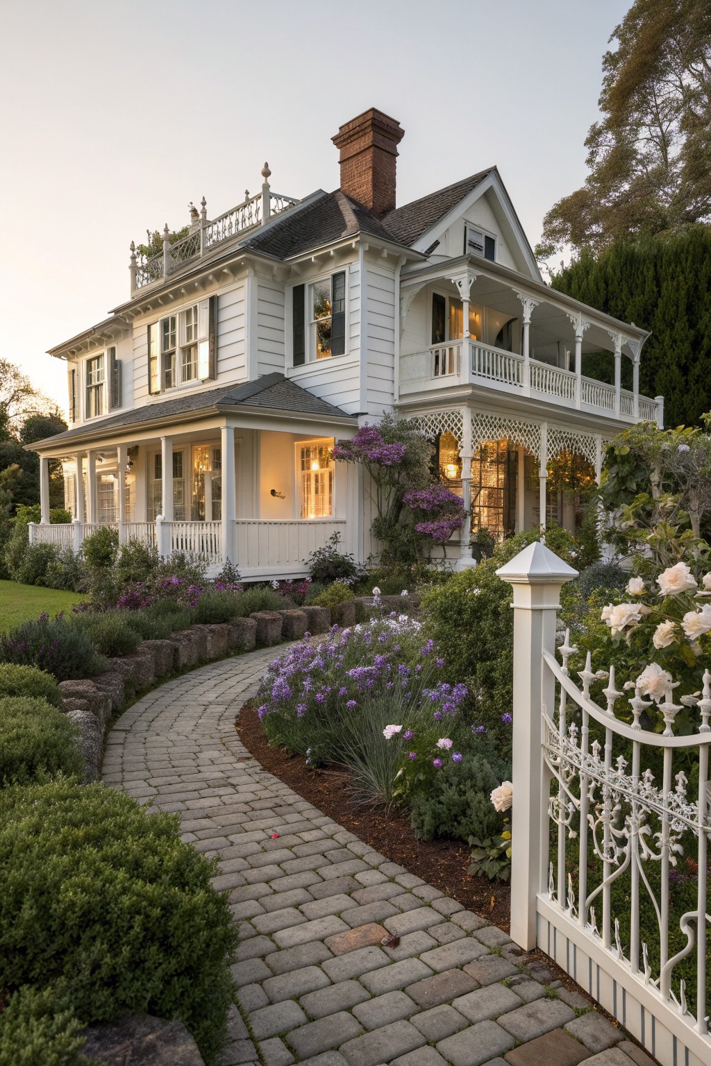 A white Victorian farmhouse exterior with ornate trim on the porch and upper balcony, a brick chimney, and a curved stone path leading through a garden.