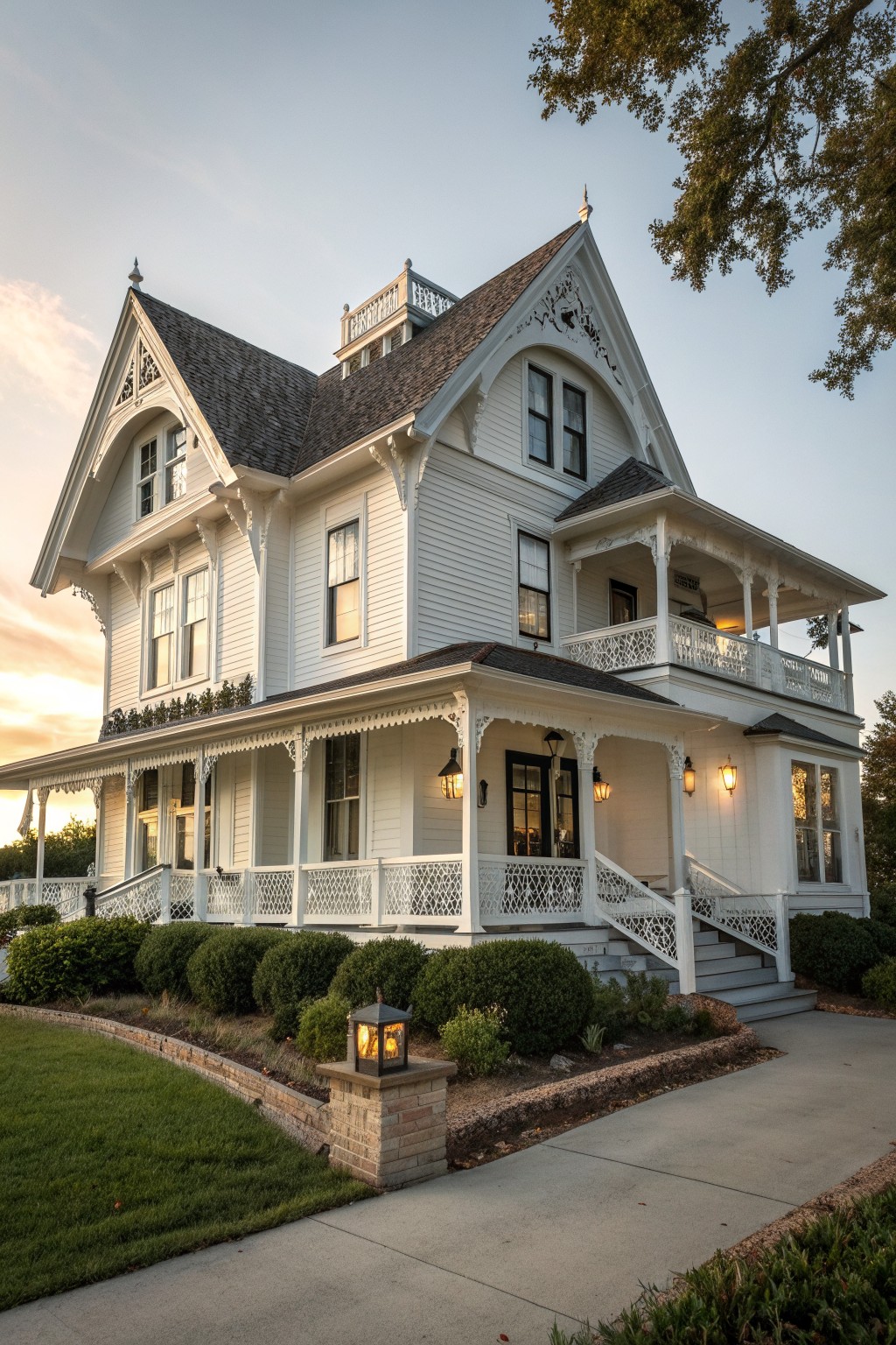 White Victorian house with ornate trim, wraparound porch, and lit lanterns at dusk