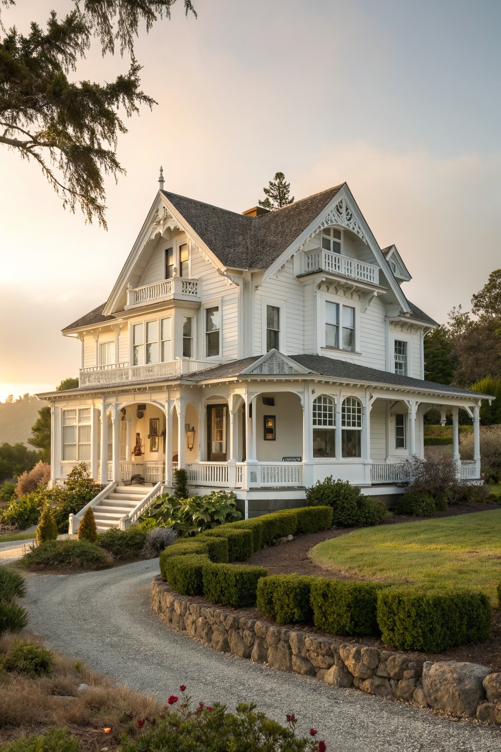 A large white Victorian farmhouse with multiple gables, intricate white trim, and a wraparound porch set on a landscaped lawn.