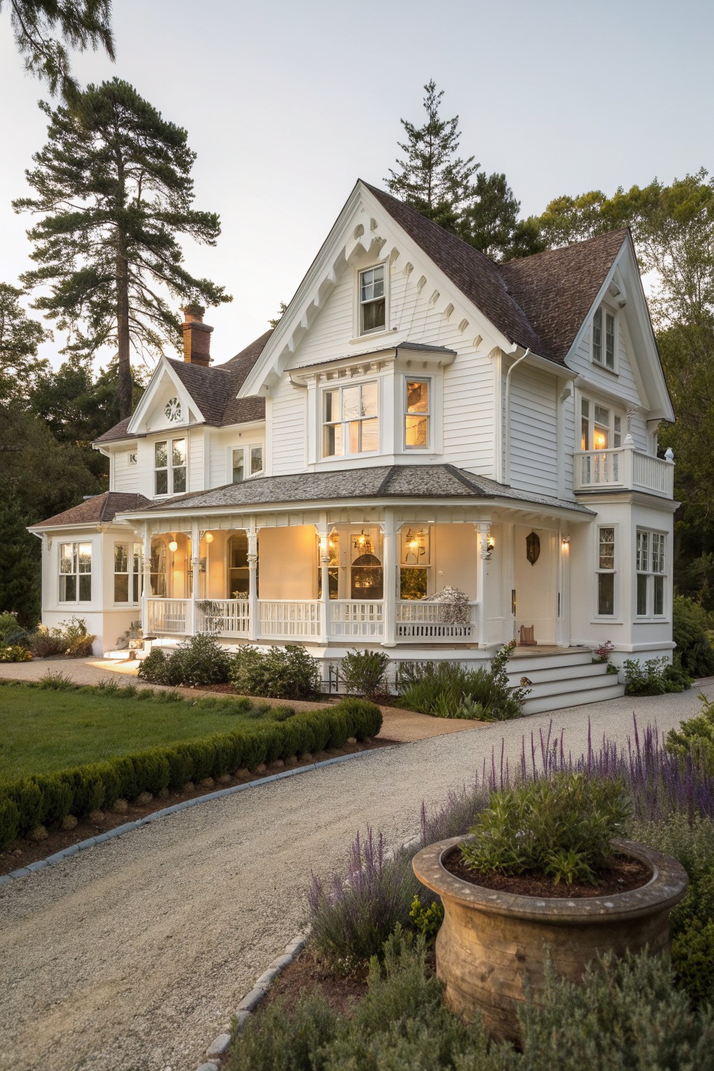 A white Victorian farmhouse exterior with prominent decorative trim on the gables, porch, and windows, viewed from a gravel driveway with surrounding landscaping.
