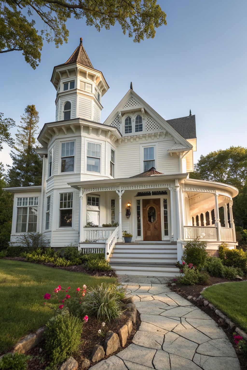 Ornate white Victorian house with turret, wrap-around porch, and stone pathway
