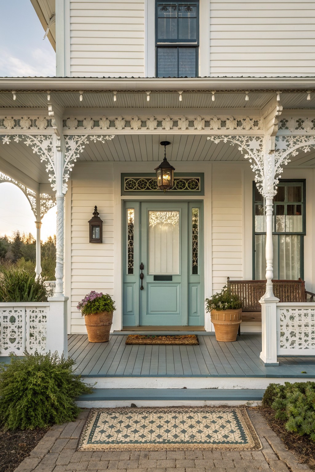 Victorian porch with light blue door, ornate white trim, potted plants, and rugs.