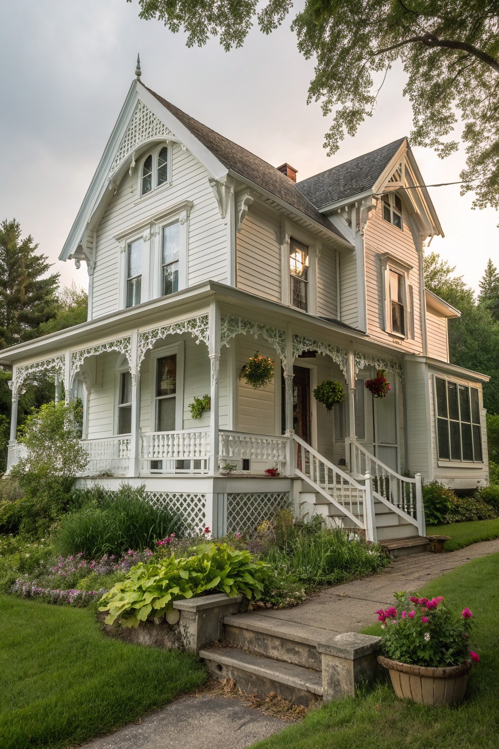 Victorian white house with ornate porch, hanging flowers, garden steps and greenery