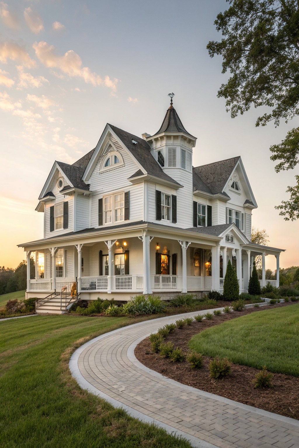 A white Victorian farmhouse with dark shutters, a wraparound porch featuring turned columns and railings, a corner turret, and a curved paved walkway in the foreground.