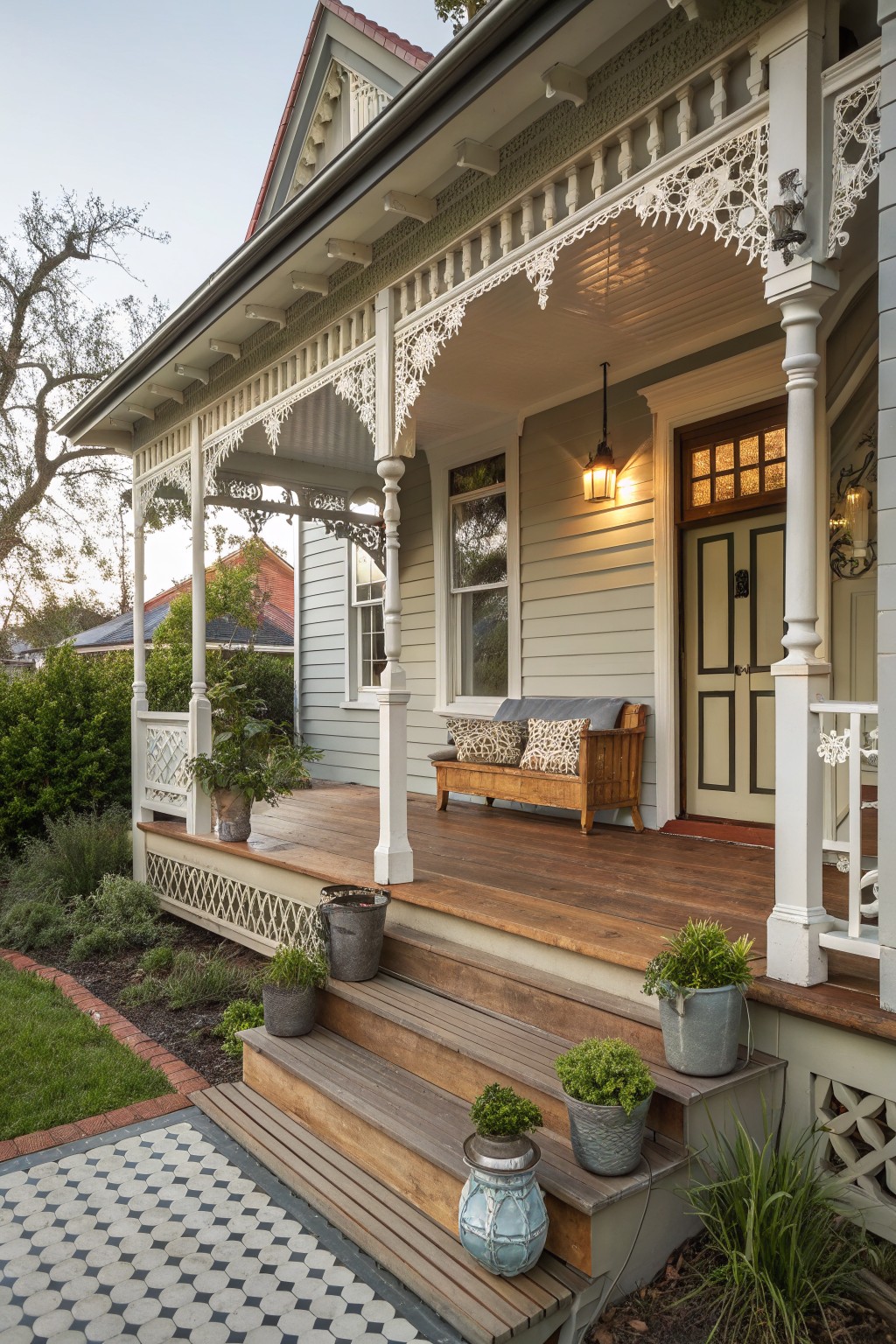 A Victorian-style front porch with white columns, a wooden bench with patterned cushions, and potted plants arranged on the wooden steps.