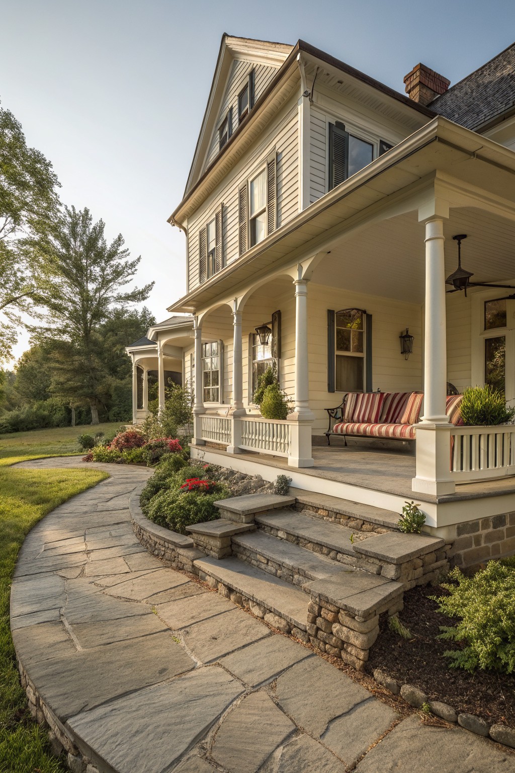 White two-story house with porch, stone steps, and flower-lined pathway.