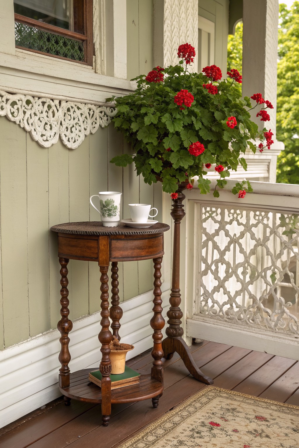 A small oval wooden side table with turned legs sits on a farmhouse porch holding two white ceramic mugs beside a tall potted geranium plant.