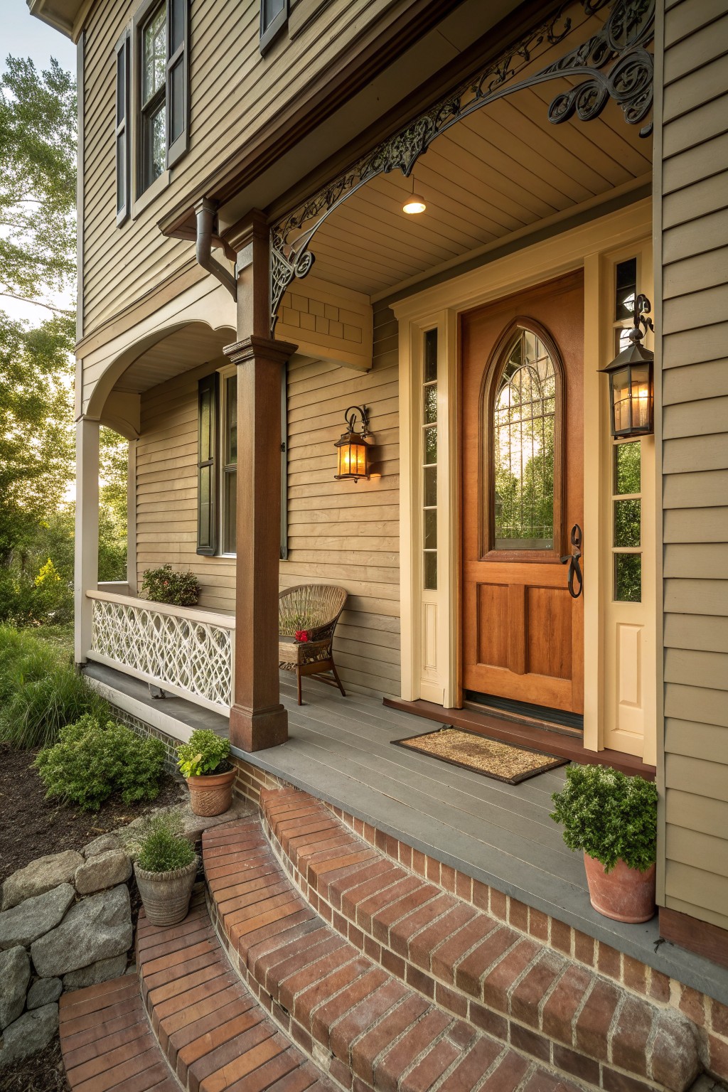Beige house porch with arched wooden door, brick steps, lanterns, and potted plants.