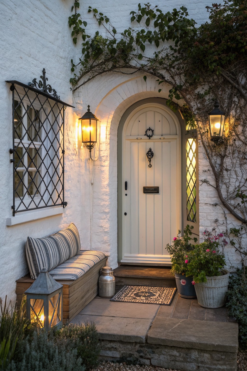 A white arched front door with wall lanterns on both sides, a wooden bench with striped cushion to the left, potted plants on the steps, and vines growing over the brick arch.