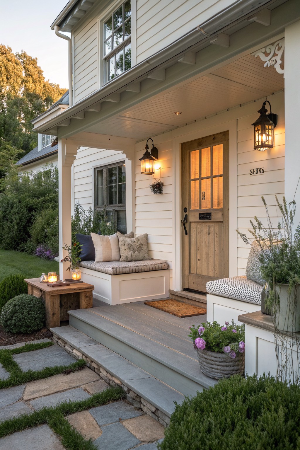 A white farmhouse porch with a wooden front door, built-in bench with cushions and pillows, wall lanterns, potted plants, and concrete steps.