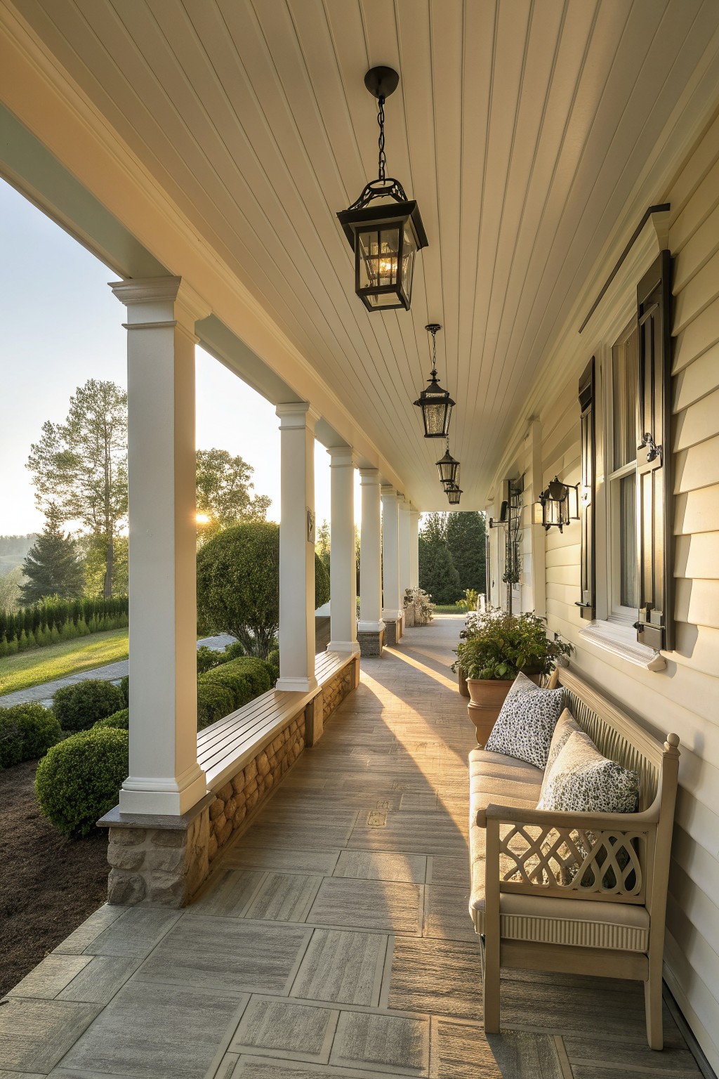 A long covered front porch with white columns on stone bases, a built-in wooden bench running along the length, hanging black lanterns, and a cushioned wooden bench with pillows at one end.