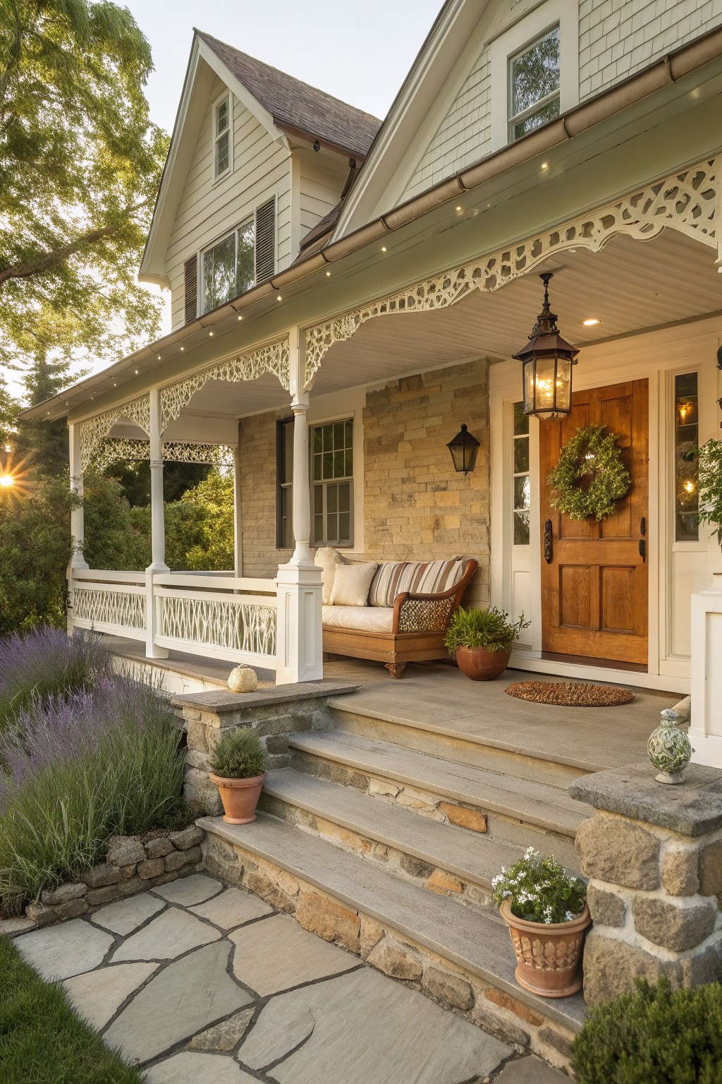 Front view of a Victorian farmhouse porch with white ornate railings, a wooden bench with striped cushions, stone steps, and a wooden front door with a green wreath.