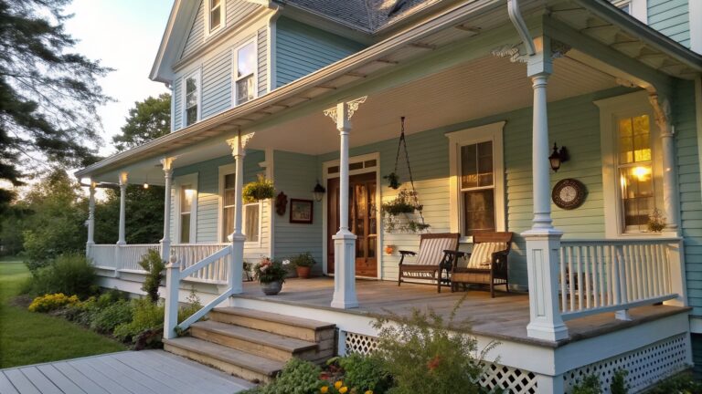 Front porch of a light green Victorian farmhouse showing a hanging wooden swing with a cushion and potted flowers beside a blue front door.