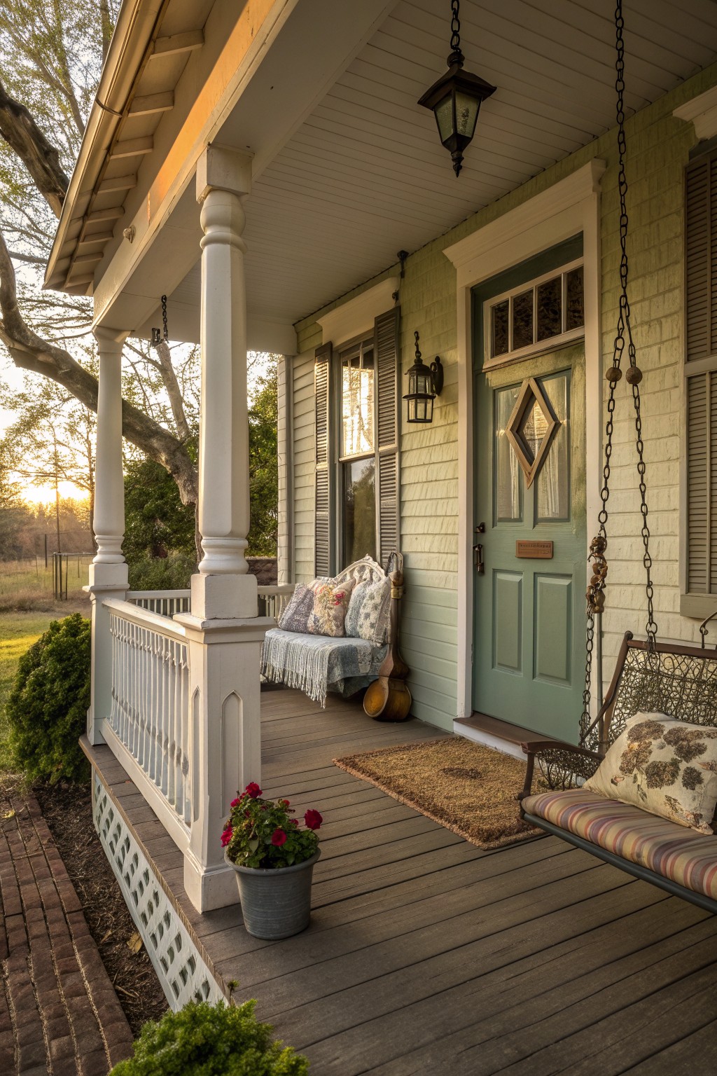 A wooden front porch on a light green house with white trim, showing a hanging swing on the right and a cushioned bench near a teal door.