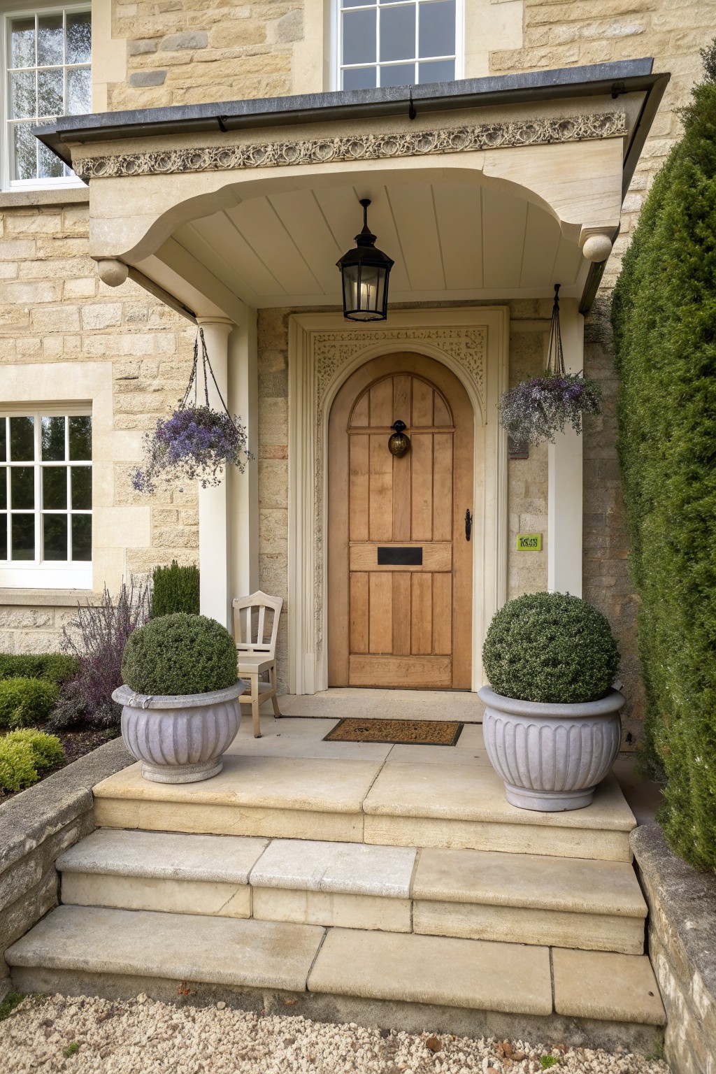 Front entrance of a stone house featuring an arched wooden door, a hanging lantern, two hanging flower baskets, and large potted shrubs on the steps.