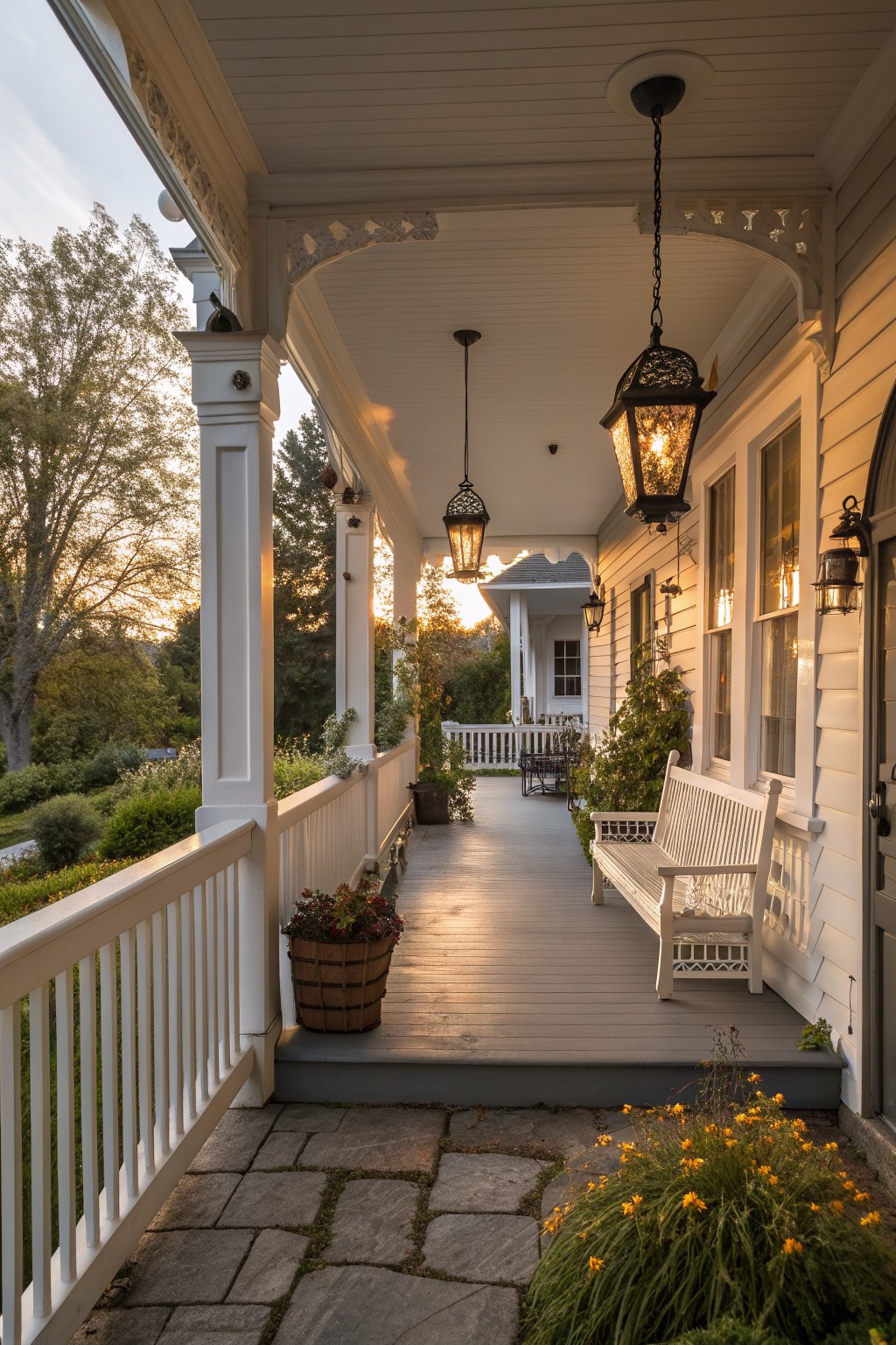 A long white Victorian farmhouse porch with multiple black hanging lanterns, a white wooden bench, potted plants, and a stone walkway at sunset.