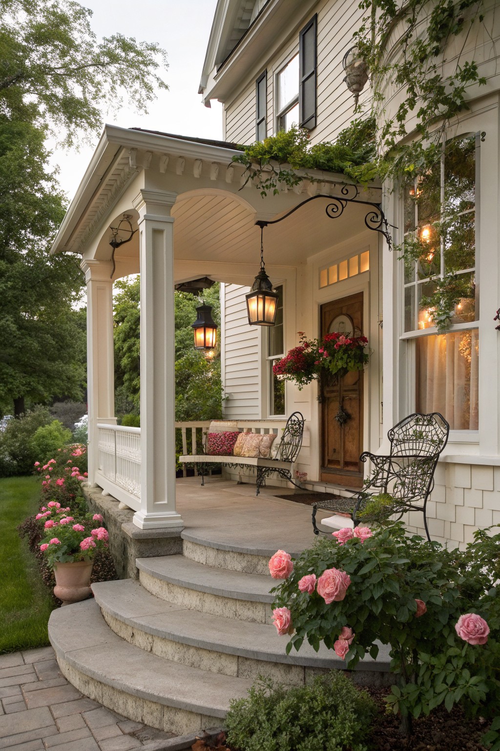 Charming white house porch with hanging lanterns, pink roses, and wrought iron furniture