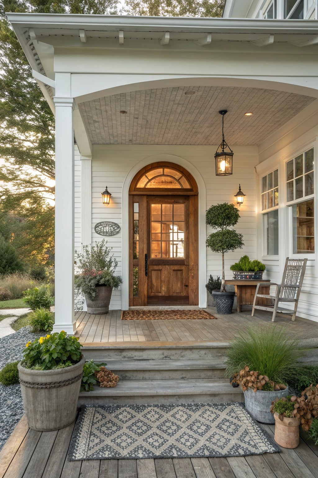 A front porch with white siding, a wooden arched door, potted plants on the steps and deck, a wooden chair, and a patterned rug.