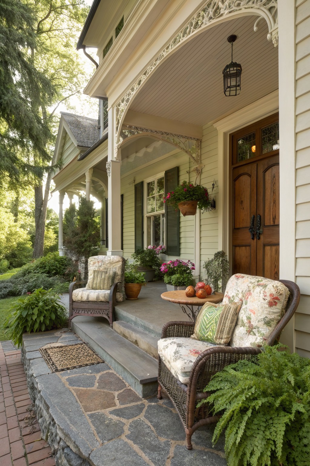 A Victorian farmhouse front porch featuring a wicker armchair and a wooden armchair with cushions, a small round table, potted flowers, and stone steps leading to a wooden door.