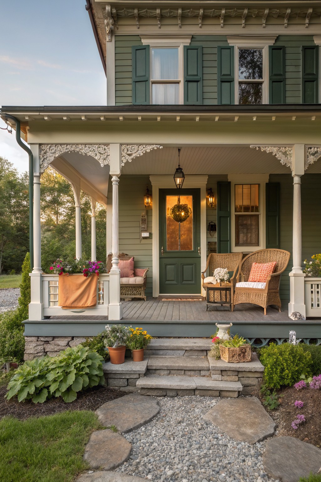 A front porch on a green Victorian farmhouse features two wicker armchairs with cushions, a small side table, and potted plants beside stone steps.
