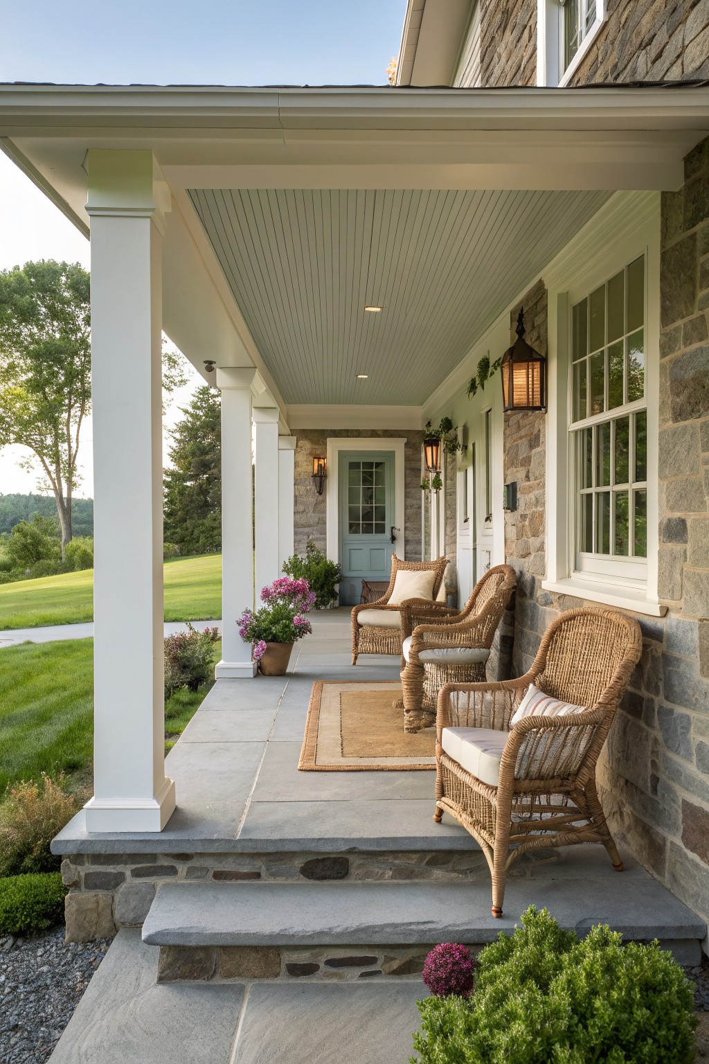 A covered stone porch with white columns and multiple wicker armchairs arranged on the floor near the house entrance.