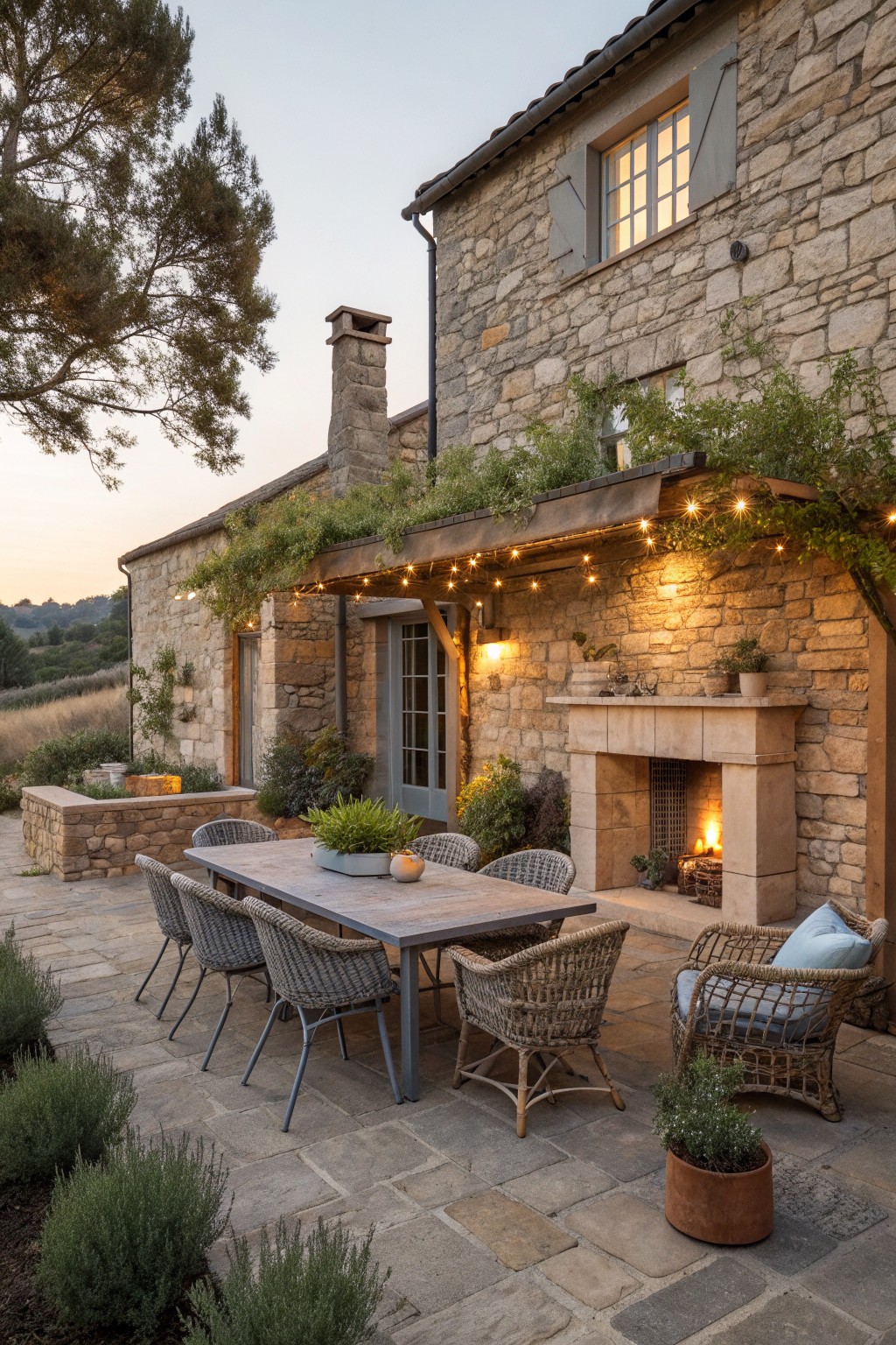 A stone house patio with a long dining table, woven chairs, a built-in fireplace, and string lights strung along the roof edge at dusk.