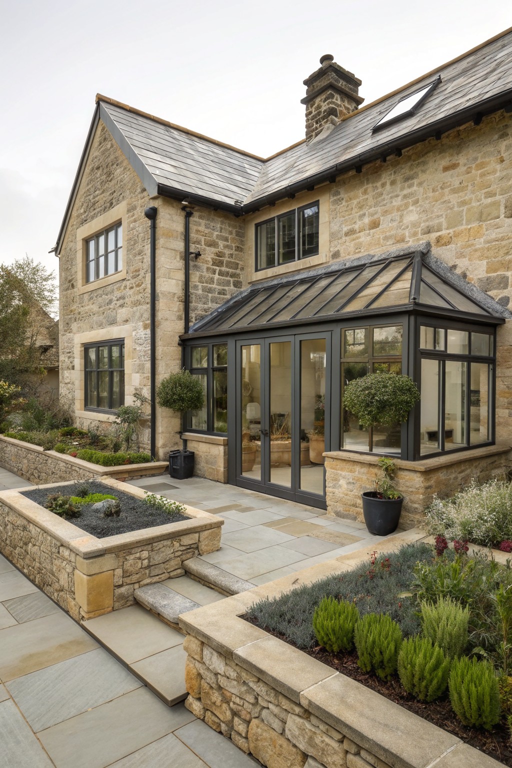 A stone farmhouse with a dark-framed glass conservatory attached to the side, surrounded by stone walls, paved areas, and planted beds.