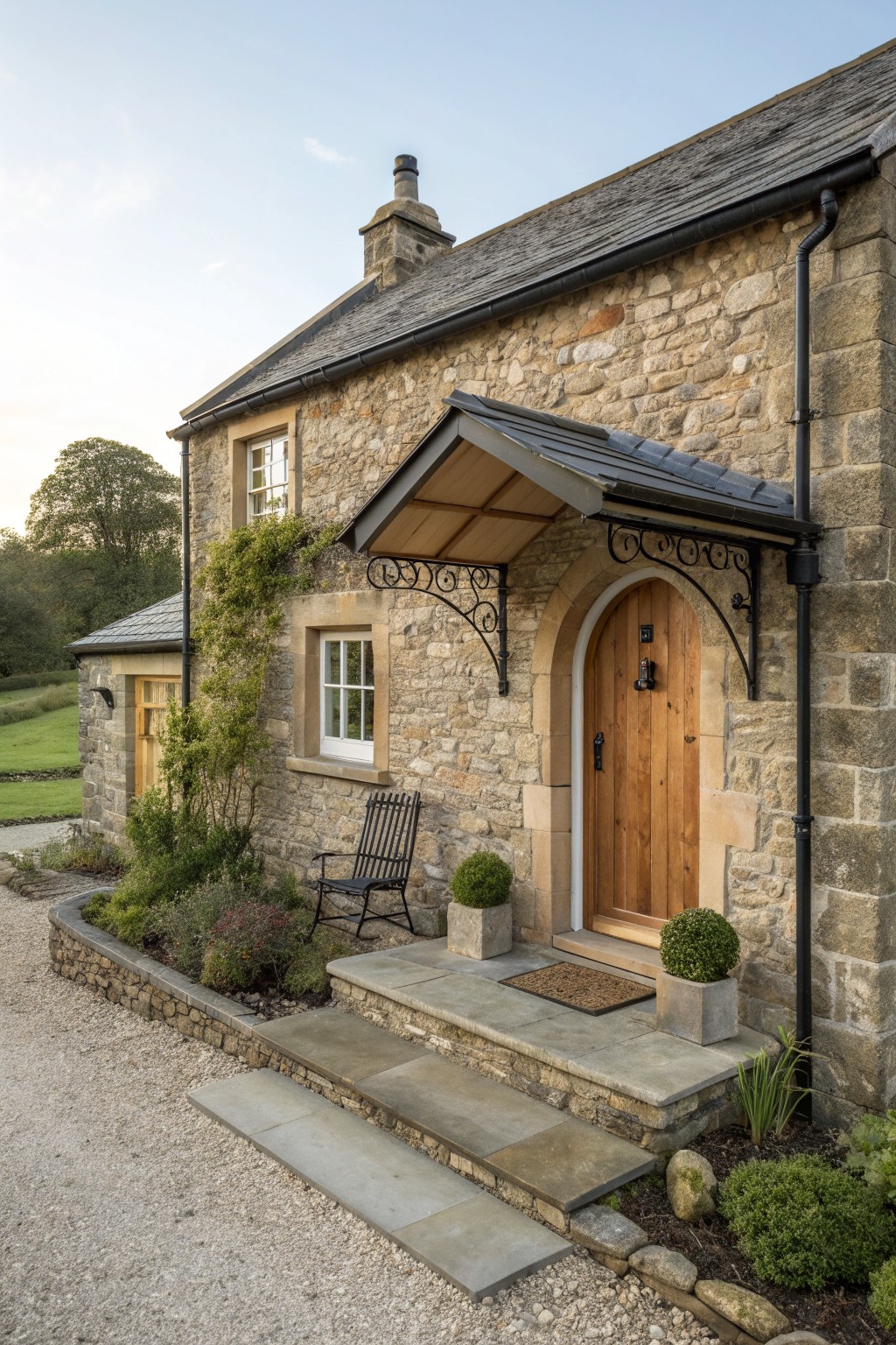 Stone farmhouse exterior featuring an arched wooden front door, stone steps leading up to a small porch, and two multi-pane windows set into the stone wall.