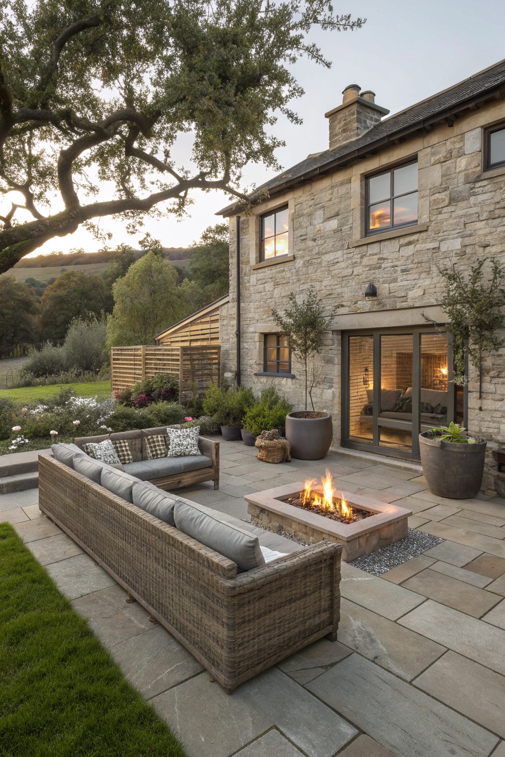 Stone farmhouse exterior with a paved patio, large woven outdoor sofa, and a rectangular stone fire pit with active flames.