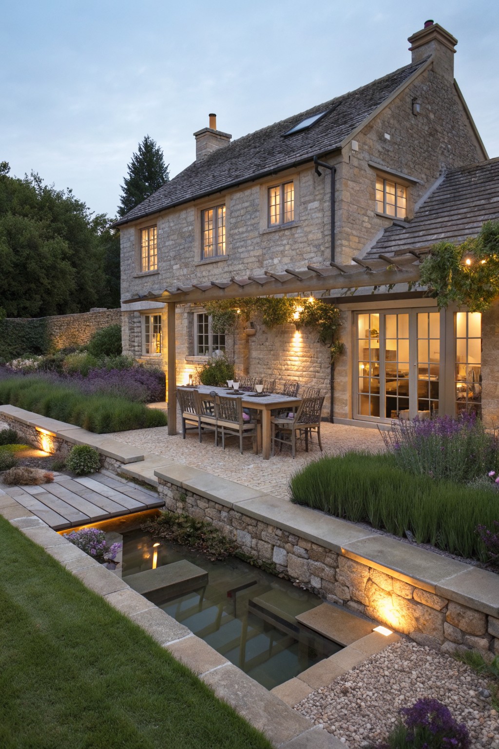 Stone house patio with dining table, lights, and pond in garden at dusk.