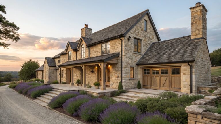 A stone farmhouse exterior featuring a covered entry porch with thick wooden support posts, stone steps, and a wooden front door.