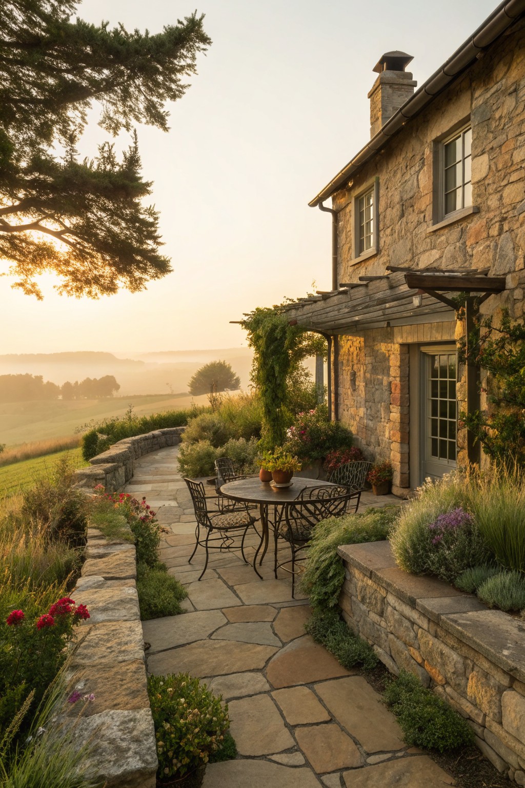 Stone patio with table and chairs beside rustic house overlooking misty hills at dawn